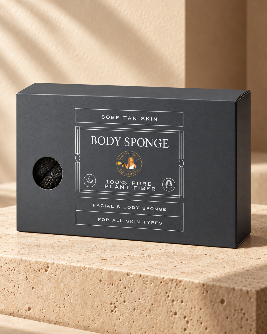 Plant Fiber Body Sponge retail box on warm travertine