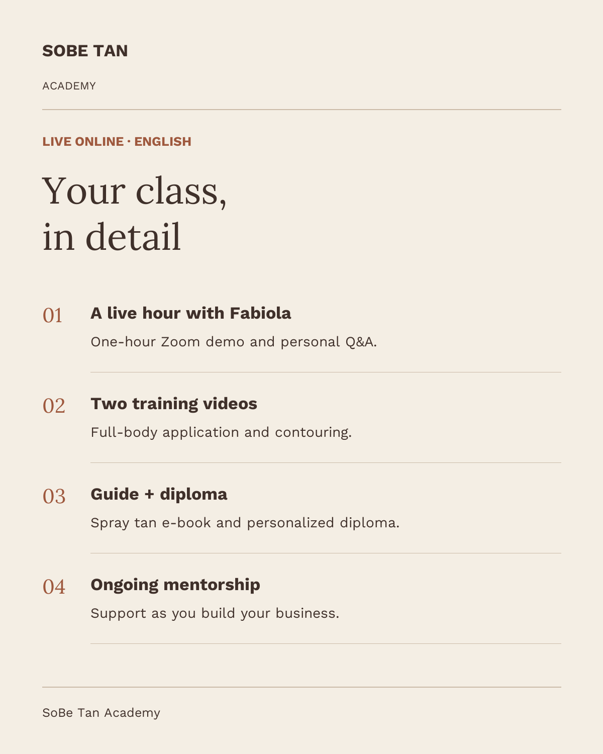 English online class inclusions: live Zoom training, two videos, e-book, diploma and mentorship