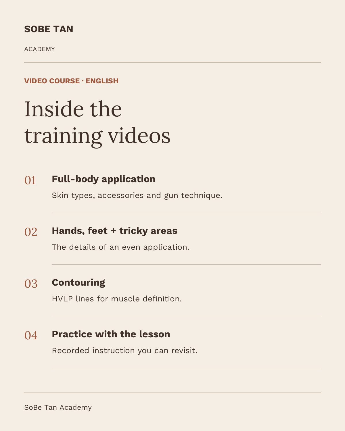Video course contents: full-body application, tricky areas, HVLP contouring and practice