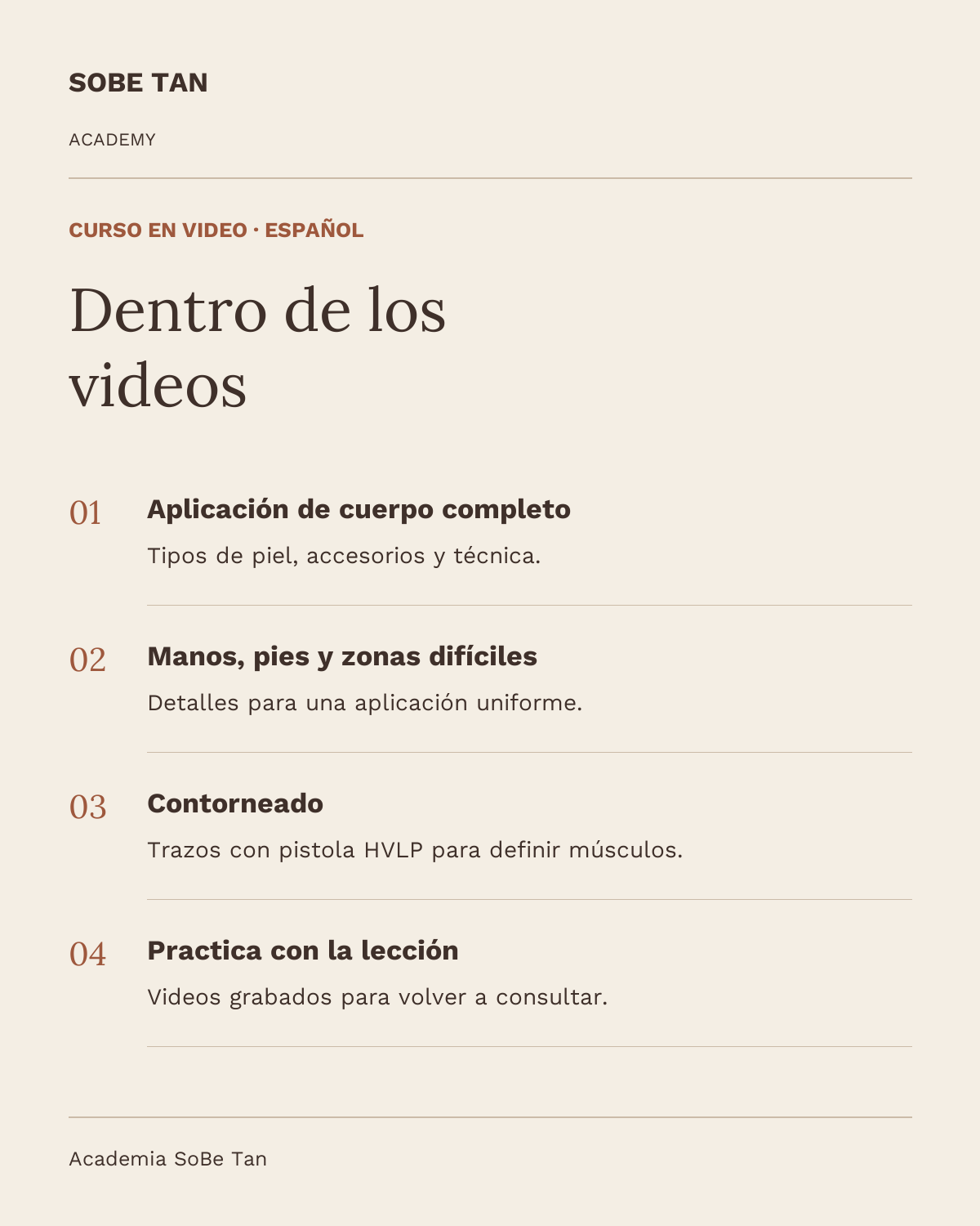 Contenido del video: aplicación corporal, zonas difíciles, contorneado y práctica