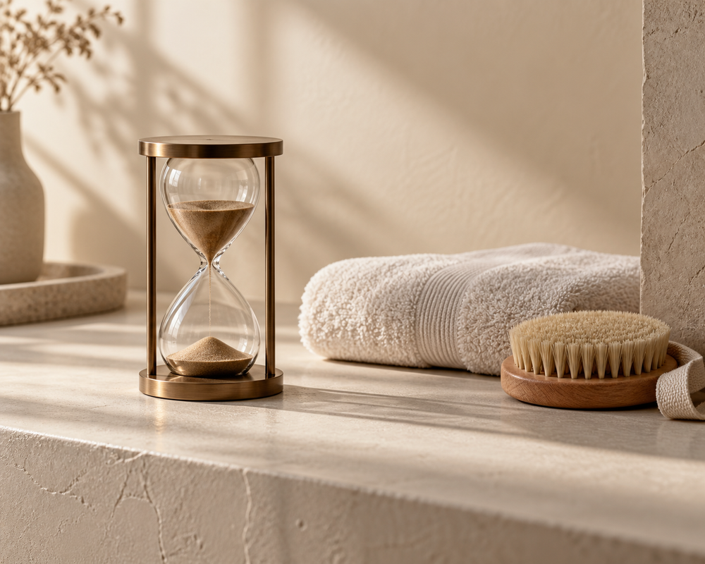 An hourglass beside a folded towel and a dry brush