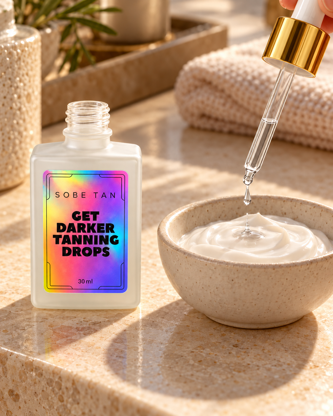 Clear, colorless Get Darker Tanning Drops mixed into white moisturizer in a bowl