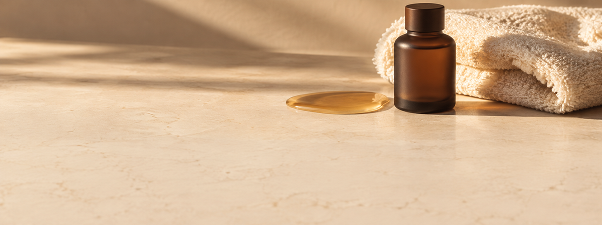 Oil, towel and warm hydration textures on cream stone