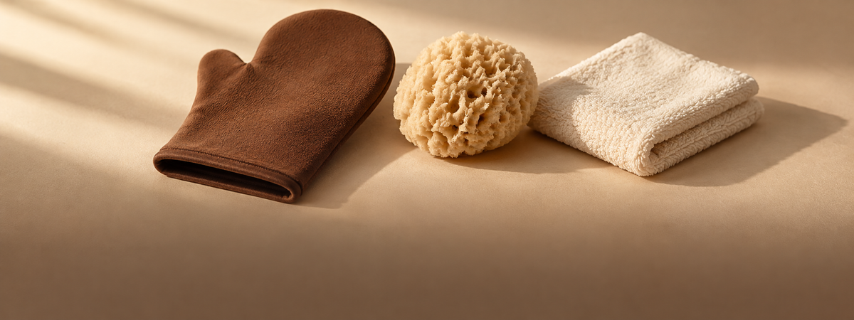 Exfoliating mitt, sea sponge and washcloth in morning light