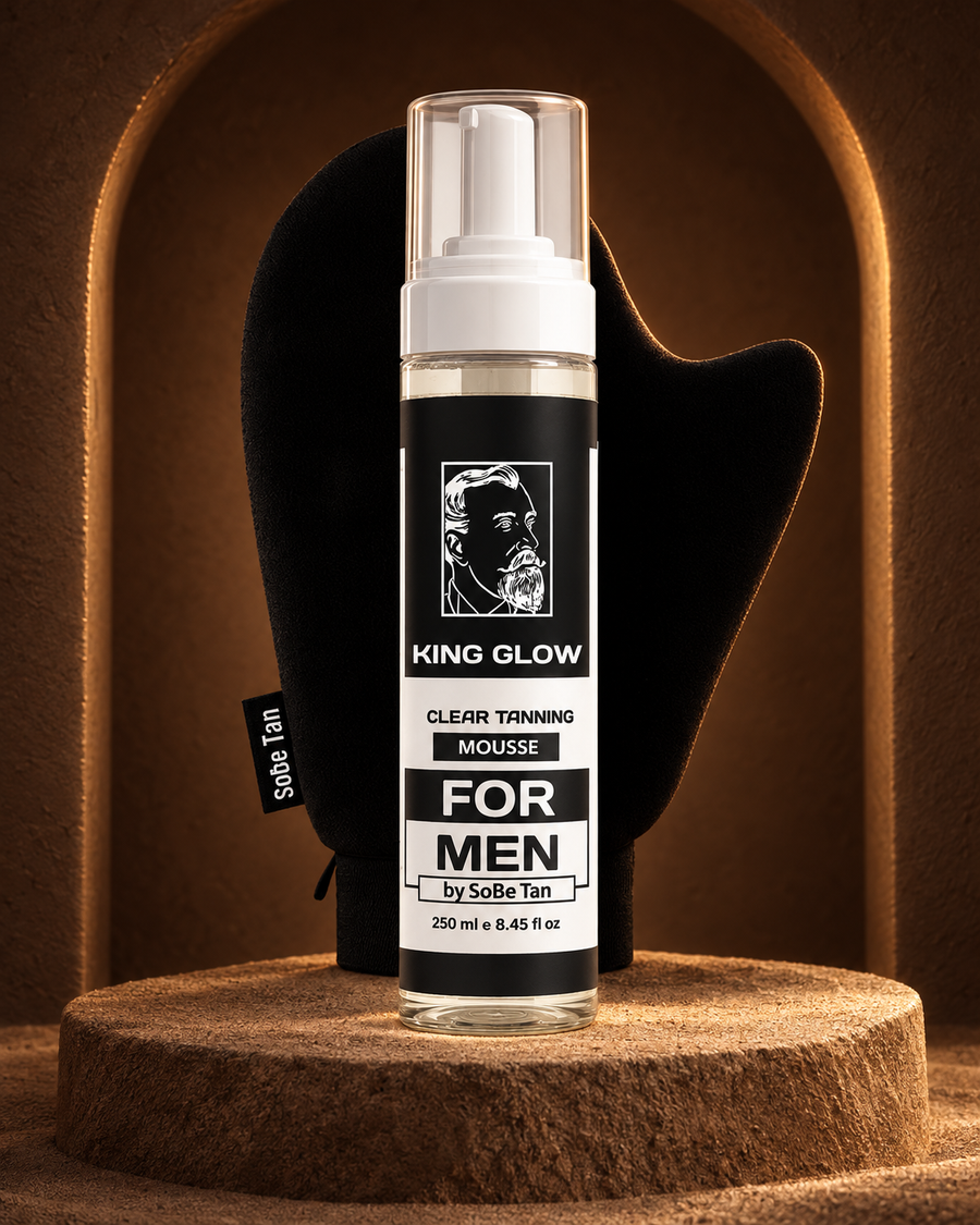 King Glow self-tanner for men with its applicator mitt in a cocoa alcove