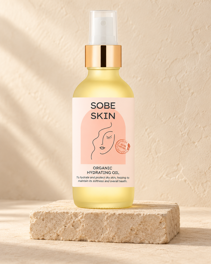SoBe Skin Organic Hydrating Oil on a cream stone plinth