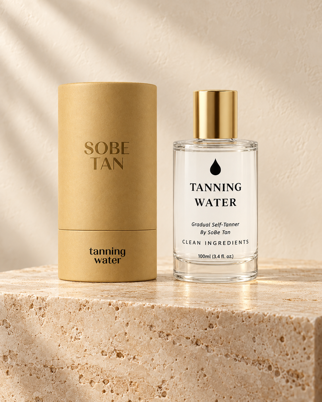 SoBe Tan Tanning Water bottle and kraft tube on warm travertine