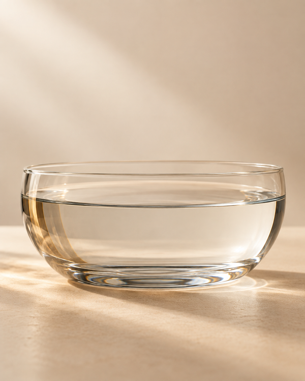 Water in a clear glass bowl on cream stone