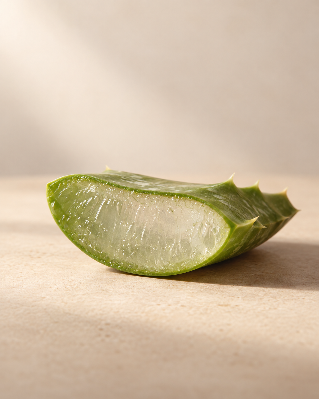 A cut aloe vera leaf on cream stone