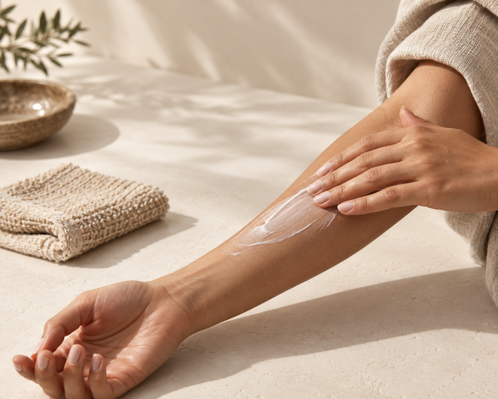 Moisturizing a forearm beside a folded washcloth