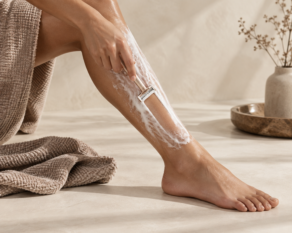 Shaving a lower leg with a fresh razor