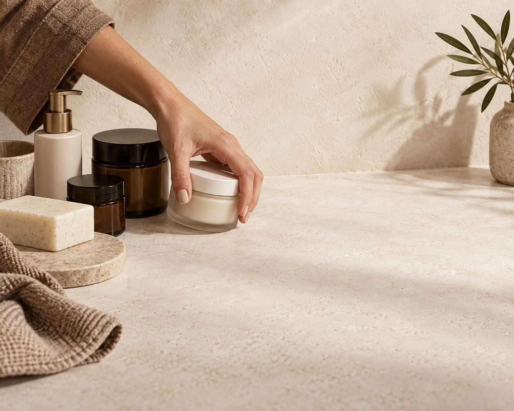 Moving lotions and soap aside before a tan