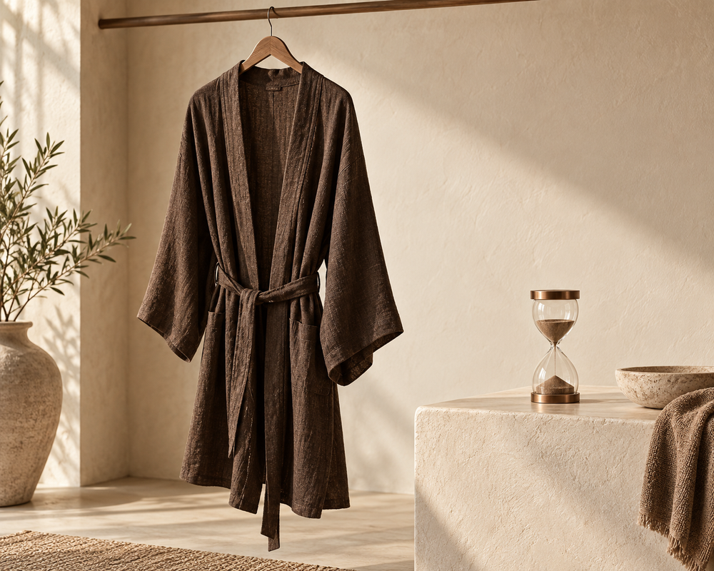 A loose robe on a hook beside an hourglass