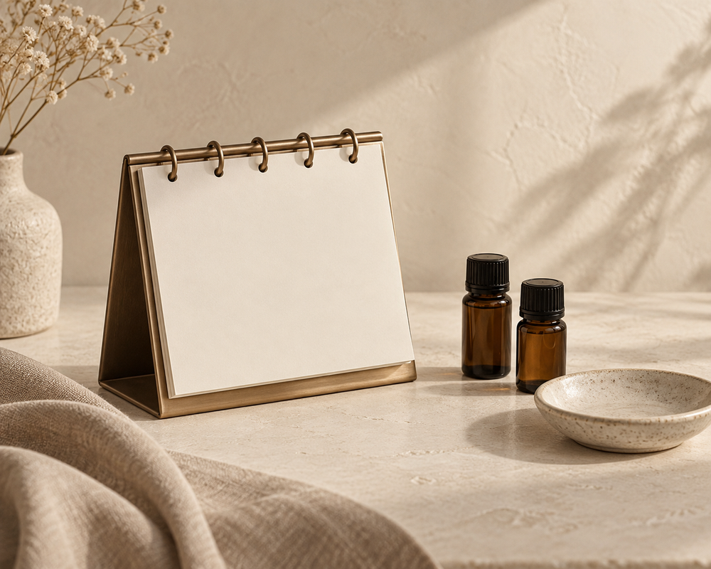 A blank calendar beside two sample bottles for a trial tan