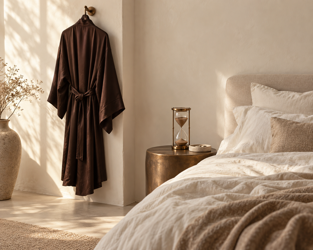 A robe on a hook beside turned-back bedding