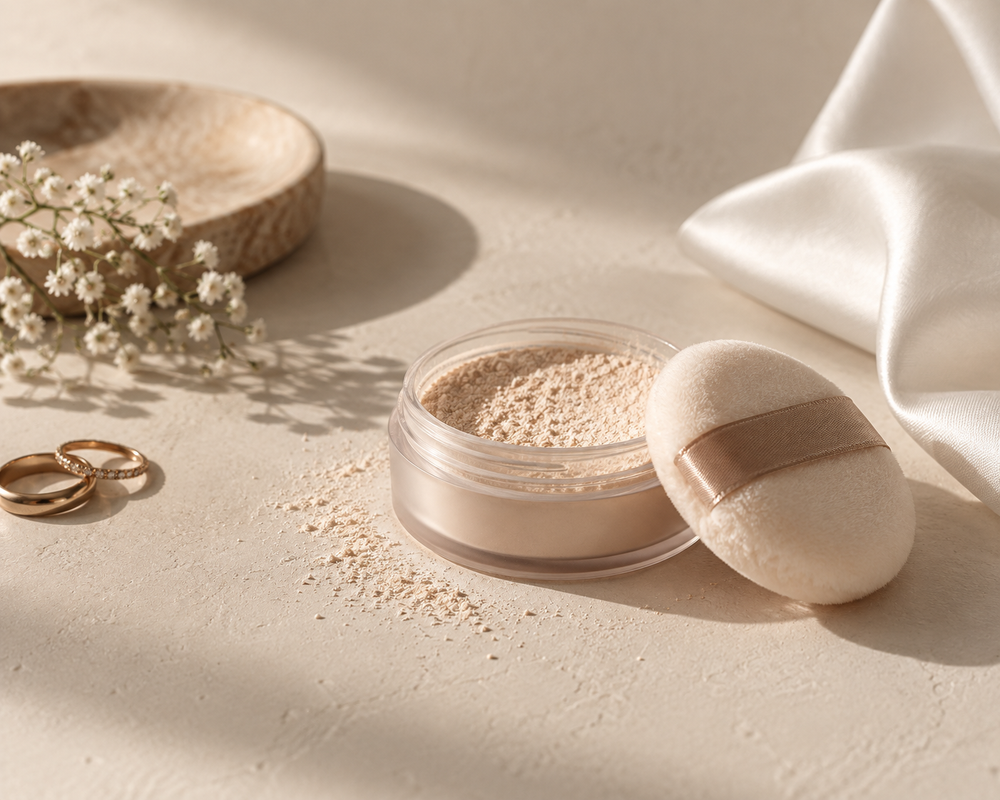Translucent powder and a puff beside white satin