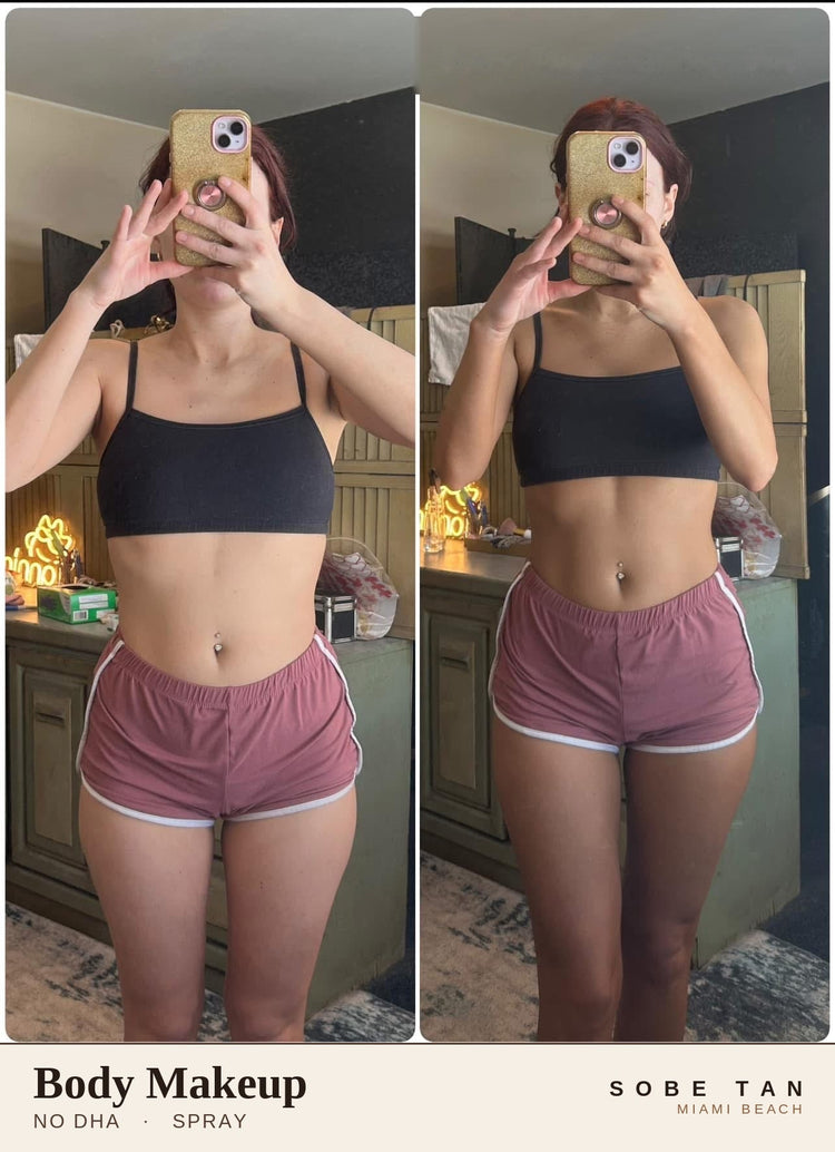 Side-by-side Body Makeup client photographs with their original caption
