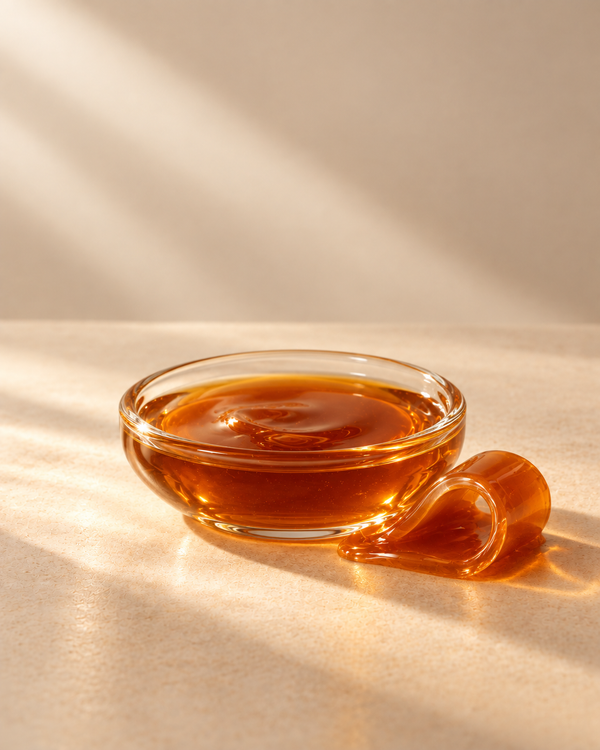 Amber caramel in a glass dish on warm beige stone